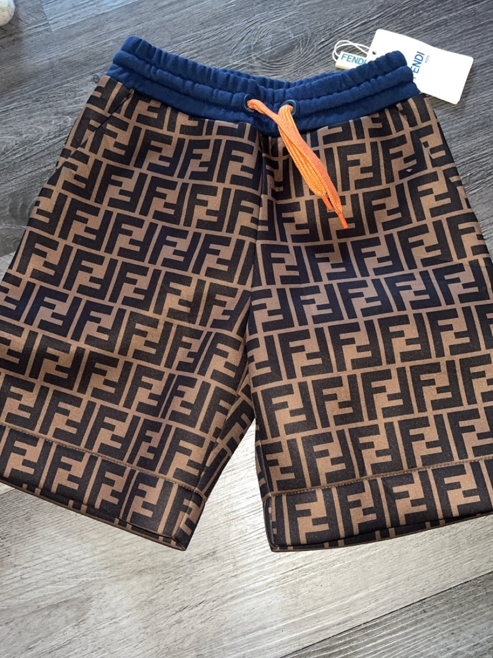 Fendi Brown & Black Monogram Shorts with Navy Waistband